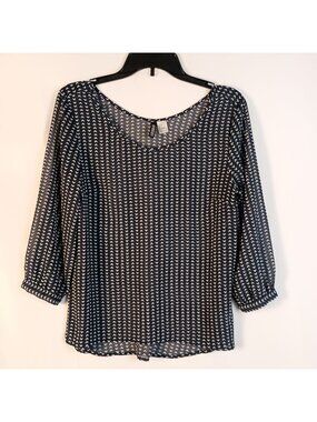 H&M Divided Navy Sheer Blouse Arrow Print Hi Lo Relaxed Fit Sz 8 Top